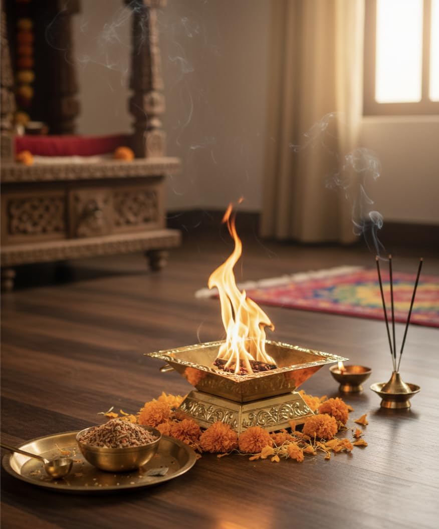 Premium Brass Hawan Kund Set (Havan Kund, Stand, Suchi Spoon, Tong/Chimta ; L x B x H – 20 x 20 x 9 cm ; 460 gm) | Havan Kund Set for Pooja-image-35