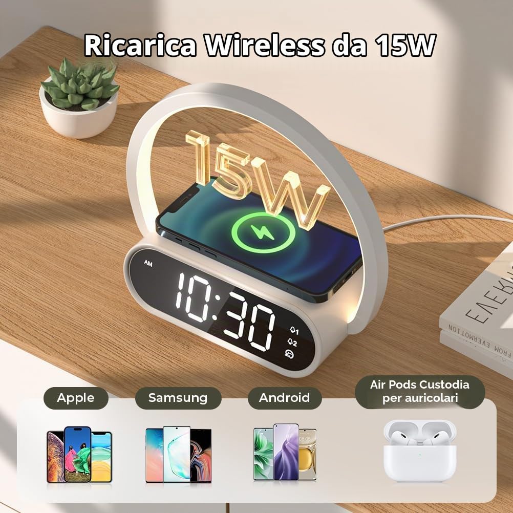 Comodino Lampada con Ricarica Wireless 15W, Sveglia Digitale Doppia Alarme, 3 Regolazioni Luminosità Touch Control, Luce LED per Camera da Letto, Ufficio
