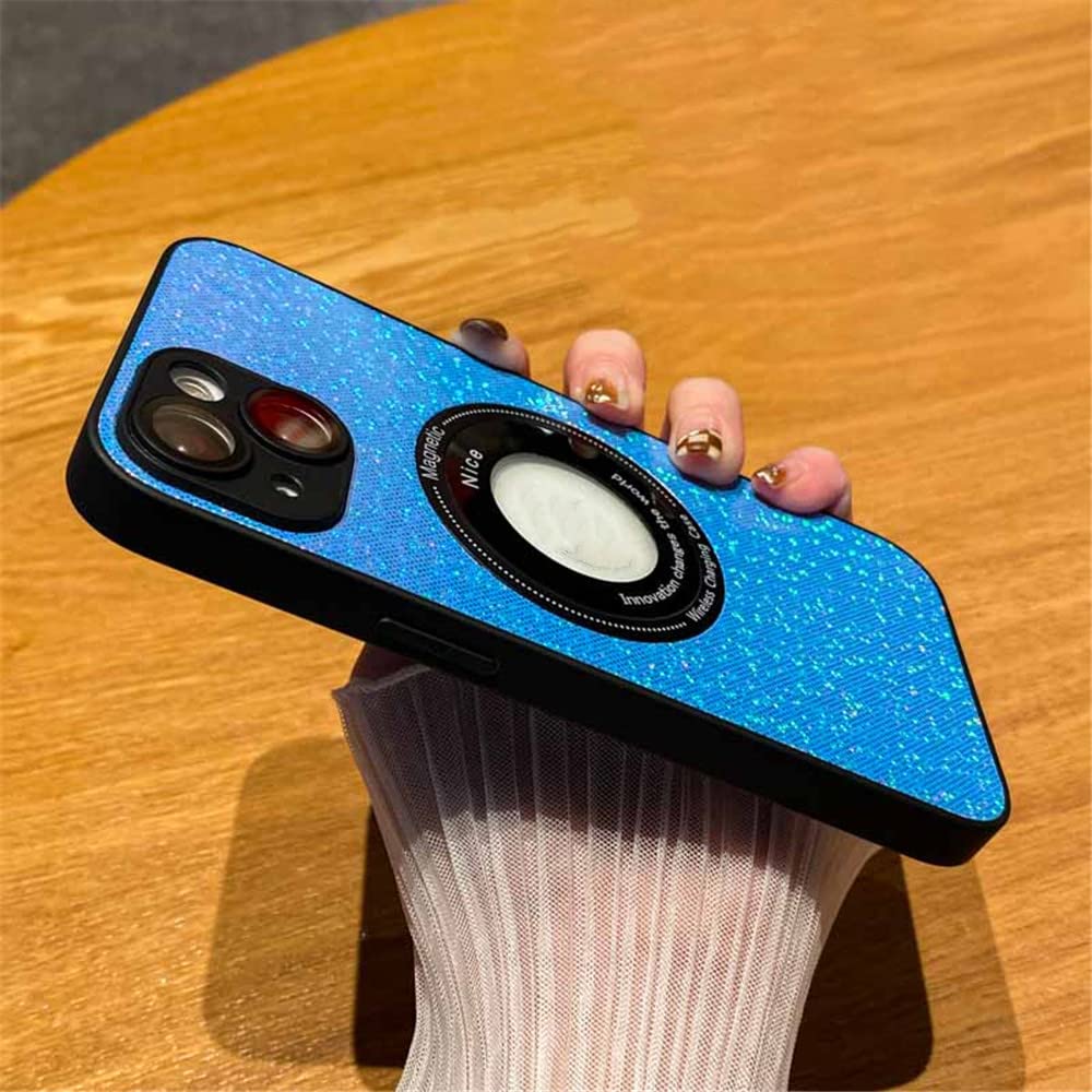 Coque en cuir de luxe pailleté pour iPhone 11 - Étui magnétique bleu chic