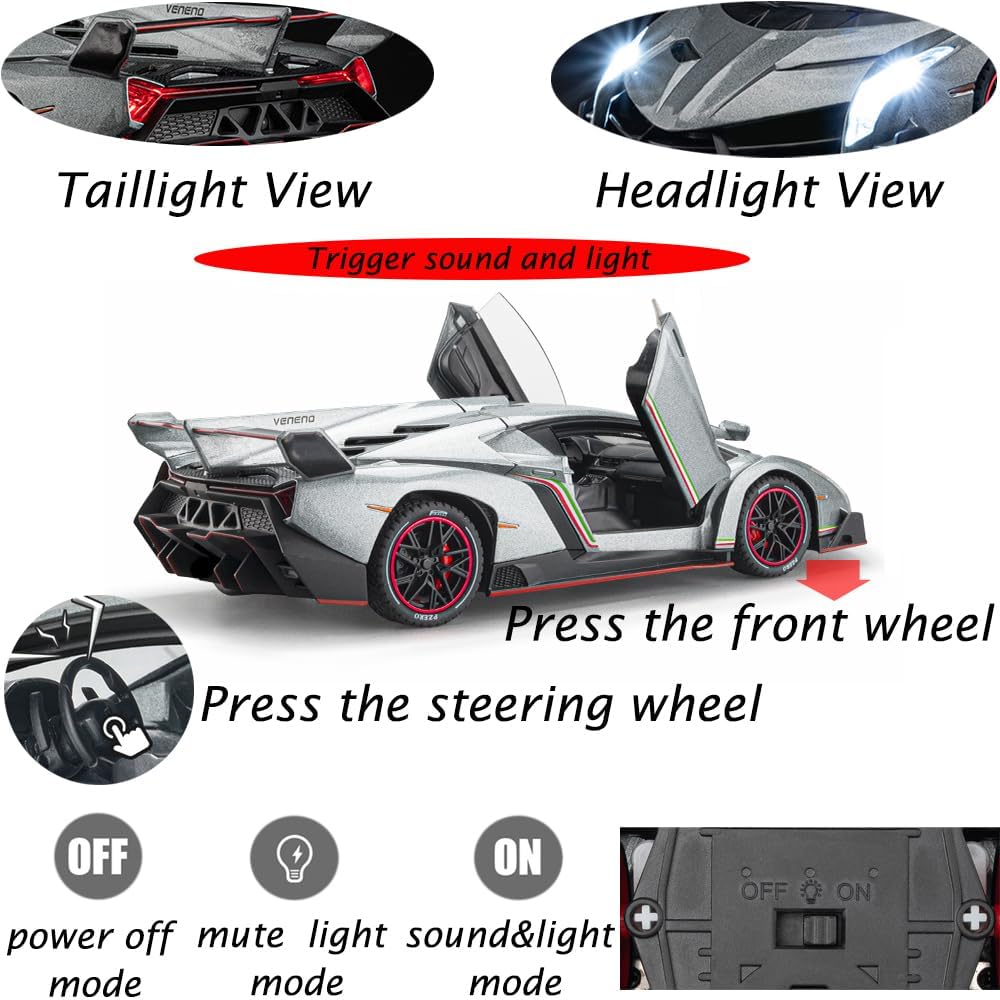 Alloy Collectible 1/24 Gray Lambo Veneno Toy Pull Back Vehicles Diecast Cars Model with Light & Sound