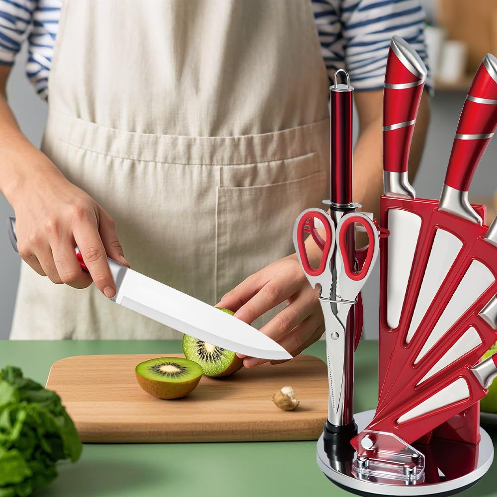KEPEAK Set de Couteaux de Cuisine 9 Pièces avec Bloc Acrylique Rotatif – Couteaux de Chef Tranchants en Acier Inoxydable avec Fusil à Aiguiser – Pour Couper, Hacher, Émincer – Rouge
