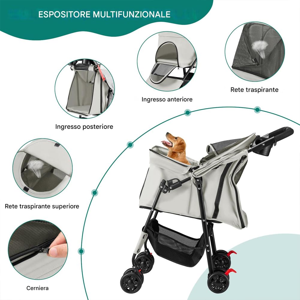 BAKAJI Passeggino per Animali Domestici Carico Massimo 30kg, Carrozzina per Cani e Gatti Pieghevole e Salvaspazio con Cestello Portaoggetti e Ruote Bloccabili, Cappottina Protettiva Anti UV (Grigio)