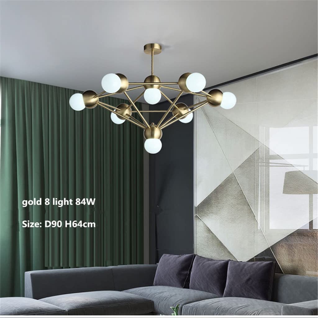 Nordic Copper E27 Led Żyrandol Sypialnia Nowoczesny Bursztynowy Szklany Żyrandol Sufitowy Oświetlenie Złote Lampy Sufitowe Led (Rozmiar: 8 Świateł D88 H64cm;), Żyrandol Sufitowy