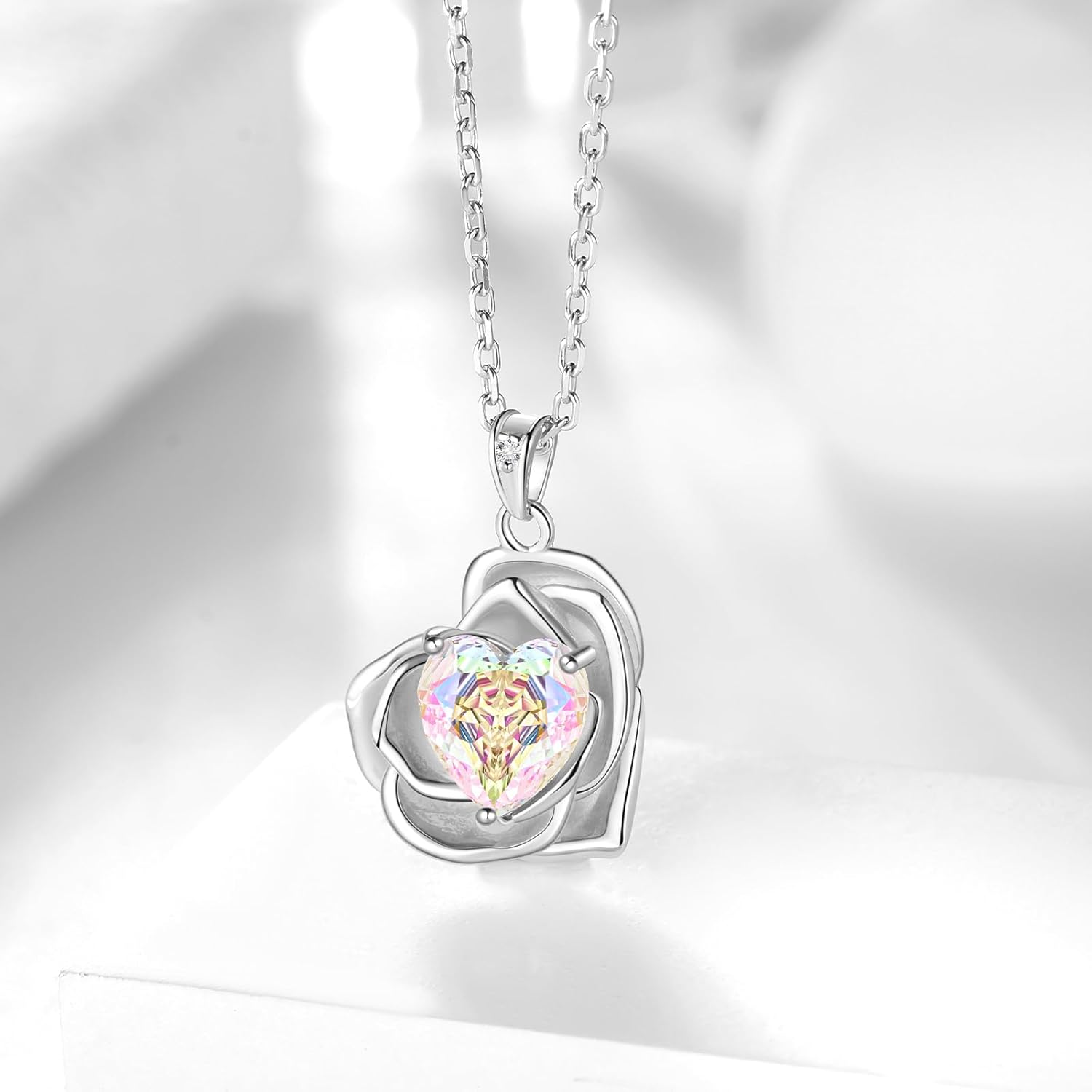 Aurora Tears Birthstone Rose Heart Pendant Necklace - 925 Sterling Silver Rose Cut Cubic Zirconia Love Necklace Anniversary Birthday Jewelry Gift for Women Wife Mom Daughter - Image 3