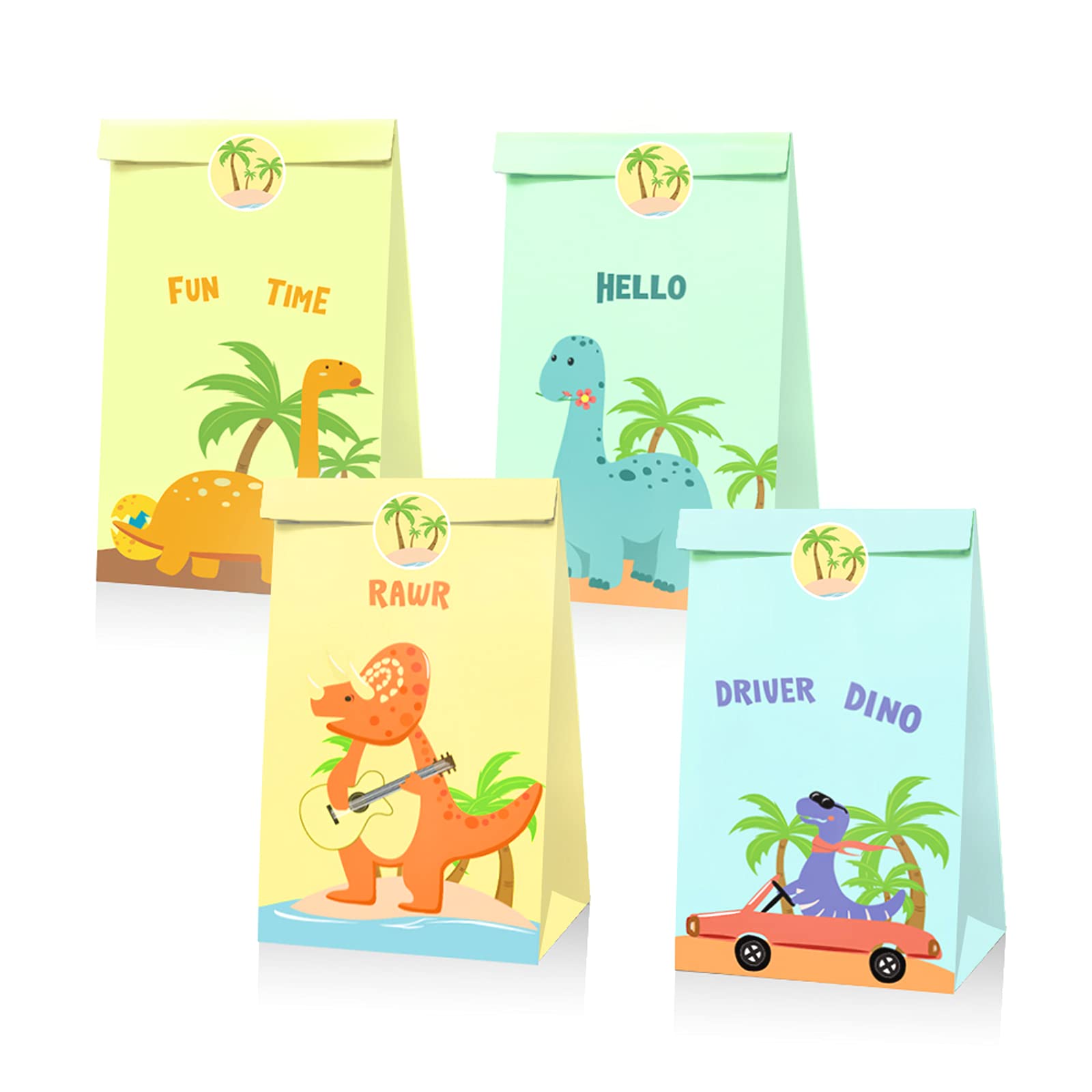 12 PCS Paper Bags with Dinosaur Pattern Party Favors Bags, Candy Treat Bags for Kids Dinosaur Themed Birthday Baby Shower Party Supplies, Dino Candy Treat Bags with 18 PCS Stickers