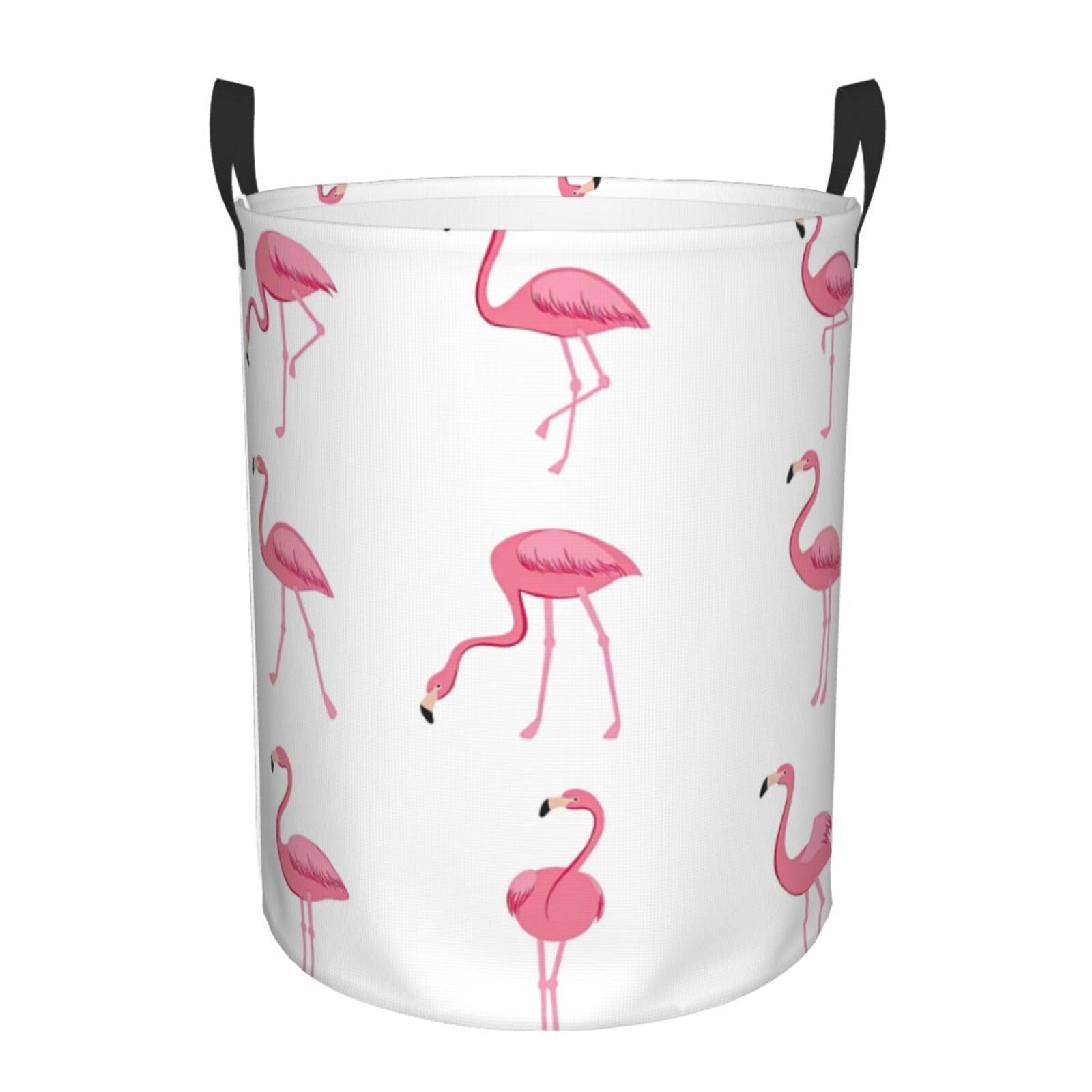 S Collapsible Round Flamingos on white Print Laundry Hamper