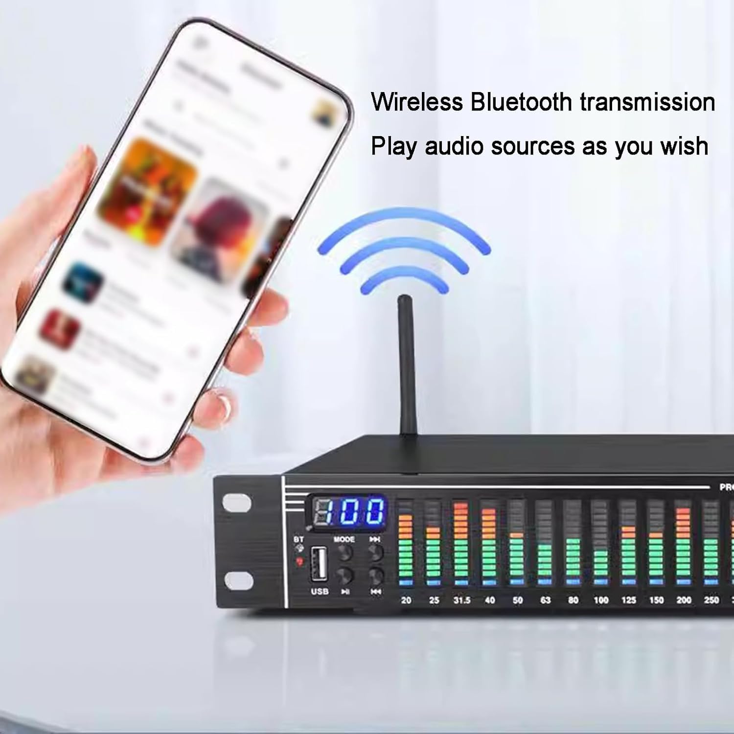 Procesador de Audio Ecualizador gráfico estéreo de 31 Bandas, Ecualizador de Audio Digital, con Pantalla de Espectro LED, 10 Efectos preestablecidos, reducción de Ruido