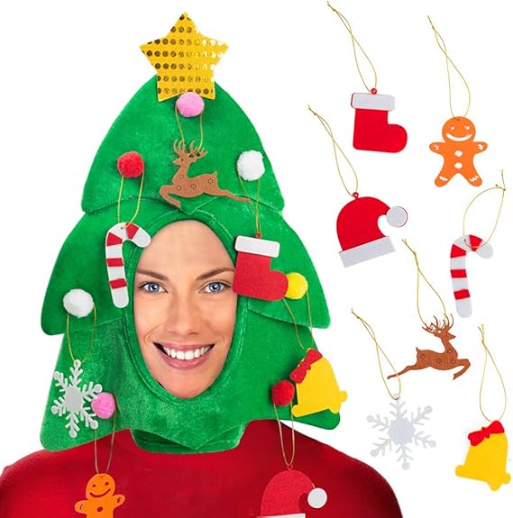 DomeStar Christmas Tree Hat with 7PCS Ornaments, Funny