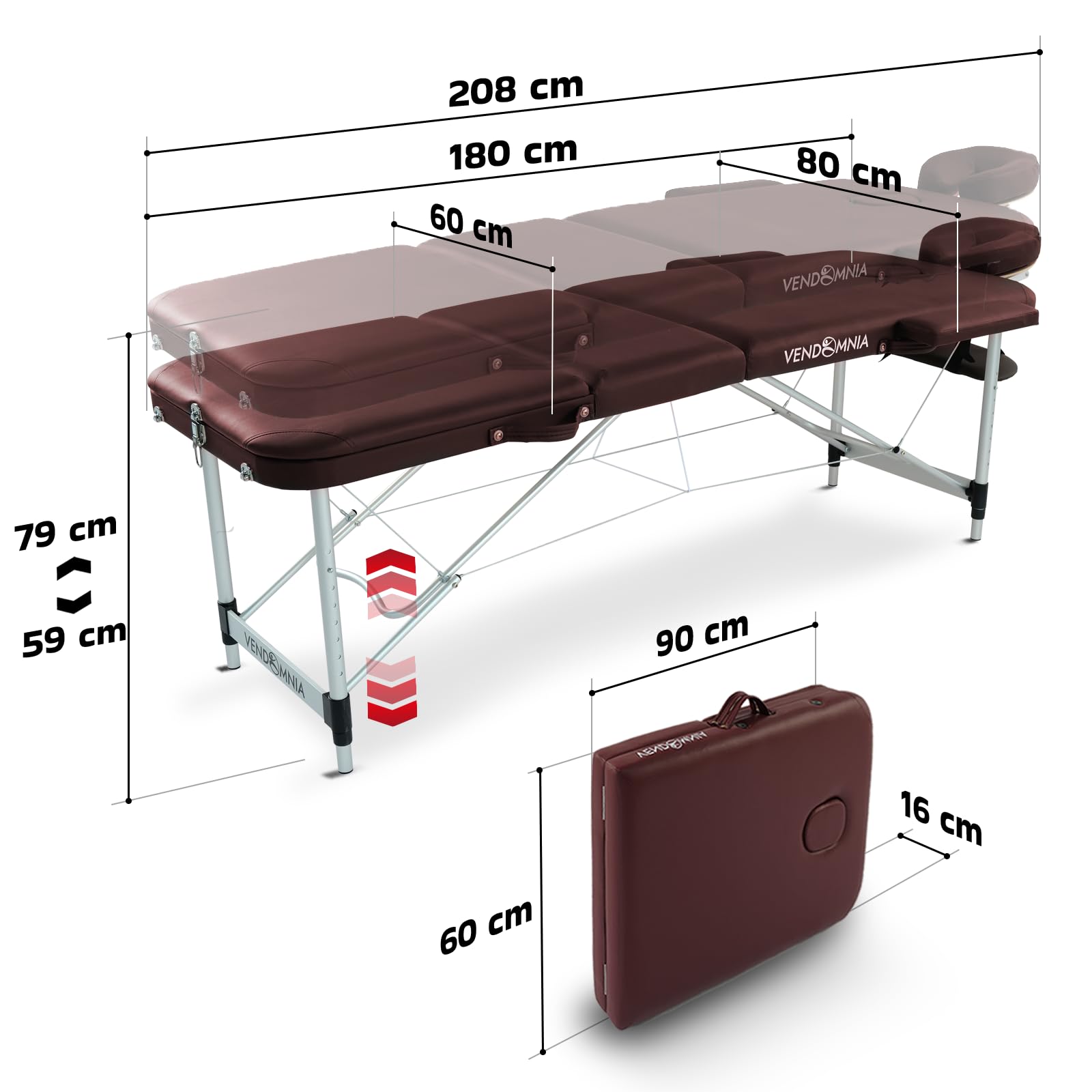 VENDOMNIA Mobile Massageliege - Aluminium mit 3 Zonen höhenverstellbar inkl. hochwertiger Kopfstütze Tasche Armlehnen - Farbwahl Klappbar, Massagetisch Massagebett Massagebank Behandlungsliege
