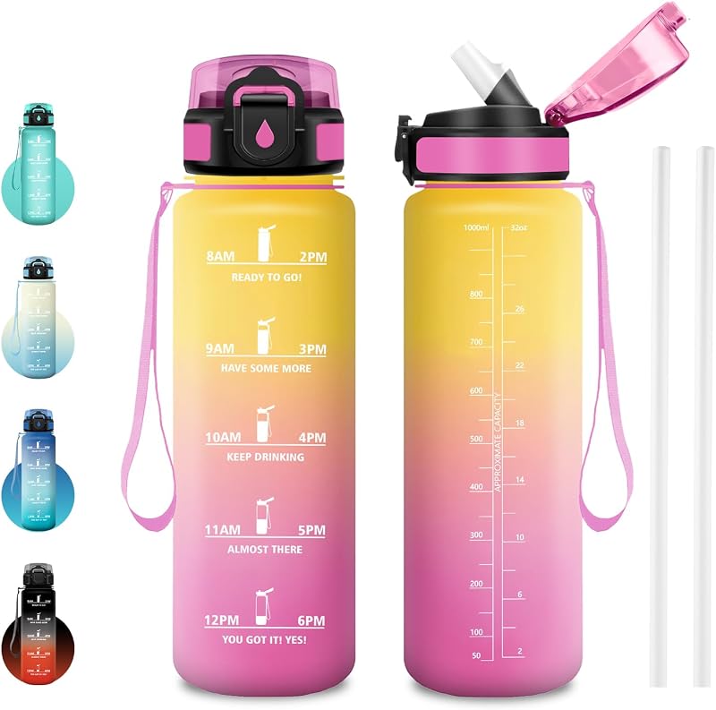 Bouteille d'eau 1L, Gourde avec Paille sans BPA, Bouteille d'eau de Motivation avec Marqueur de Temps, pour Sport, Randonnée, Plein air, Fitness