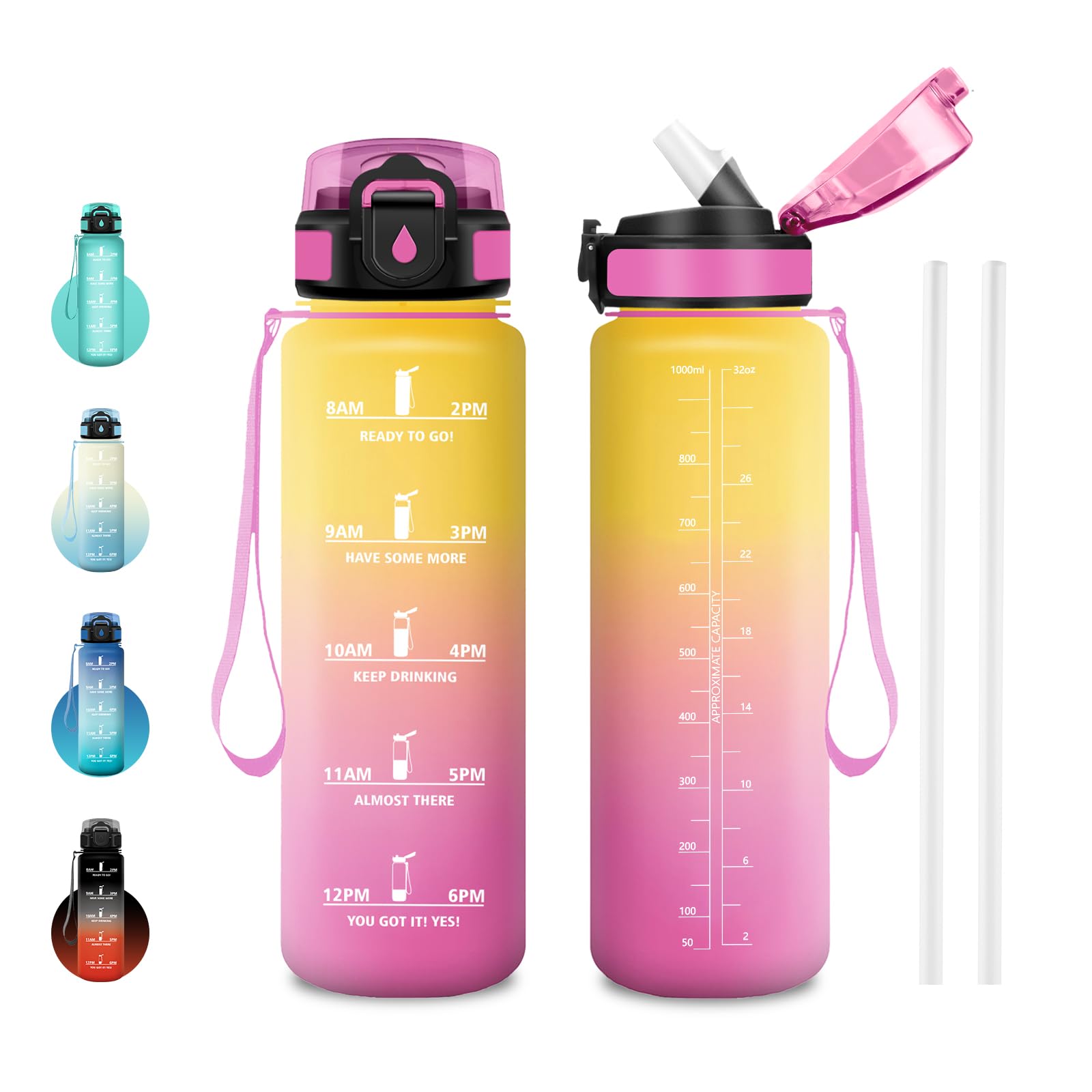 JAPORIA 1 Litre Water Bottle Motivational Water Bottle with Time Marker Straw BPA Free Reusable Leak Proof for Office Camping