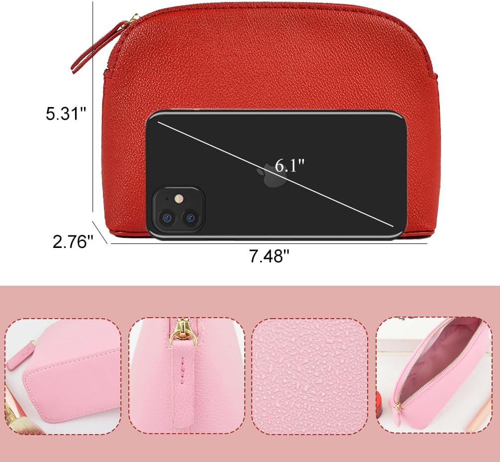 Pu Leather Cosmetic Bag, Travel Makeup Organizer Portable Makeup Pouch for Overnight Multifunctional Storage Bag Cosmetic Clutch (Red) - Image 2