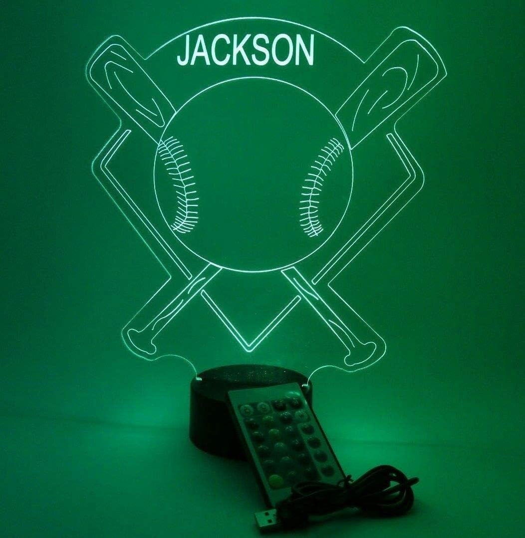 Baseball Stadium Bats Ball Sports Player Fan Night Light Up LED Free Engraved Custom Name Made To Order Personalized Desk Table Lamp Room Decor, With Remote, 16 Color Options, It's WOW, Great Gift