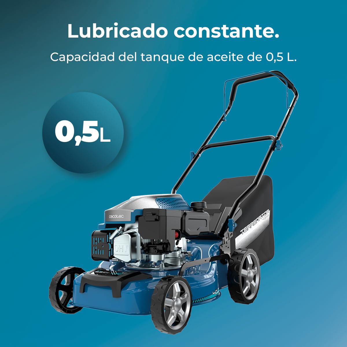 Cecotec Cortacésped de Gasolina Motor 144cc Terrenator 2700.41 Plus Total Z | Ancho de Corte 41cm, Cuerpo de Acero, Cambio de Altura Sistema Z-Tech, 3in1 con Mulching, Ruedas Traseras XL