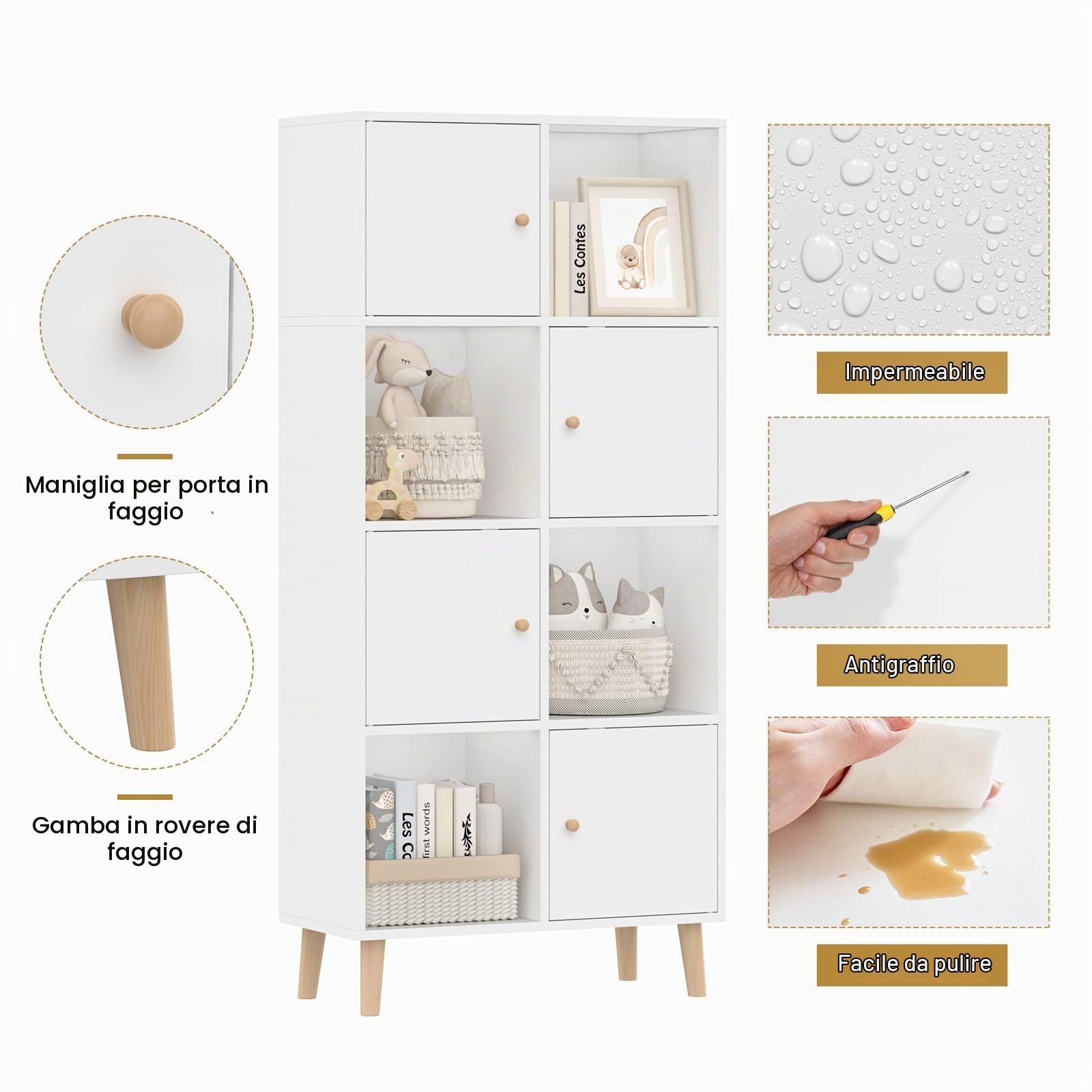 Libreria Scaffale a 4 Livelli, Libreria Verticale, Divisorio per Stanza, Organizzatore Autoportante a 8 Cubi, Stile Moderno, per Soggiorno, Camera da Letto, Ufficio, Bianco