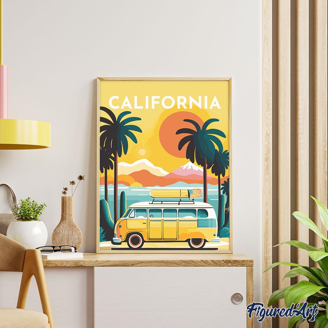 Figured'Art Peinture par Numéro Adulte avec Cadre - 40x50cm Toile tendue sur Châssis - Kit Loisir Créatif Détente - Déco DIY - Vintage Californie