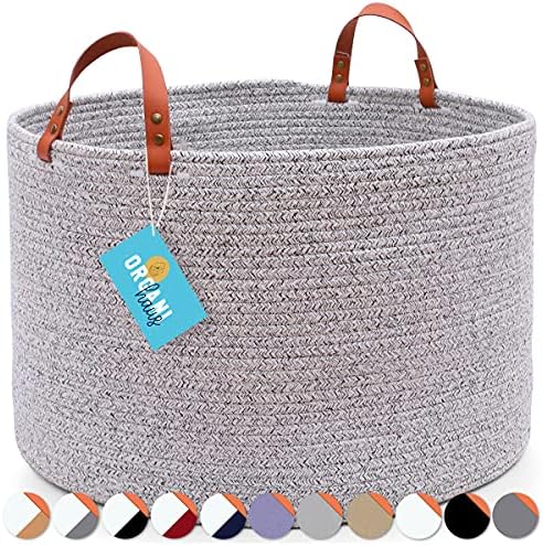 OrganiHaus Extra Large Cotton Rope Basket with Real Leather Handles | Woven Basket | Baby Woven Laundry & Blanket Basket | Large Toy Storage Basket for Kids & Rope Storage Basket Woven 50x33cm Blue