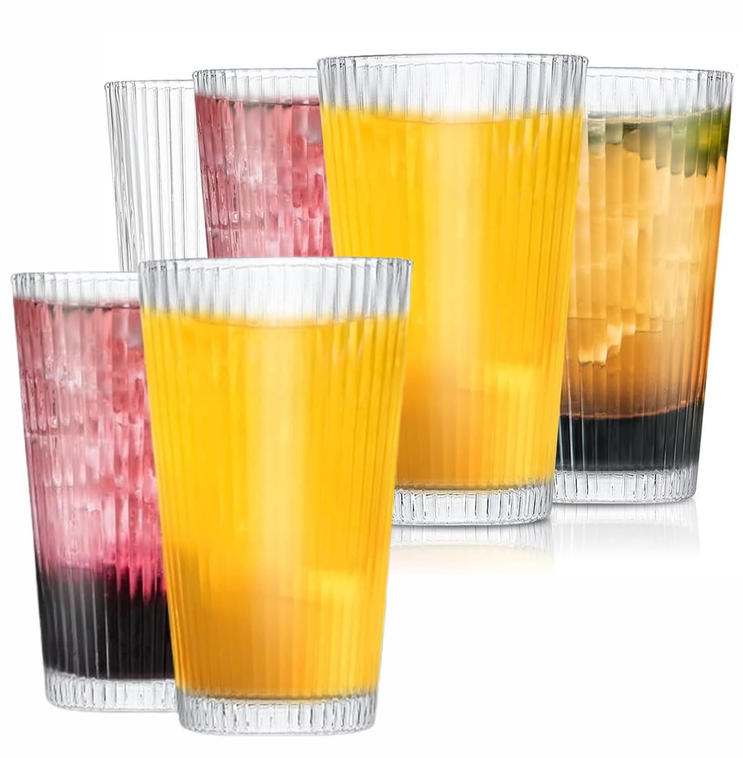 16 oz Ribbed Drinking Glasses Set of 6 - Vintage Highball Tumblers Elegant Glassware for Iced Coffee and
