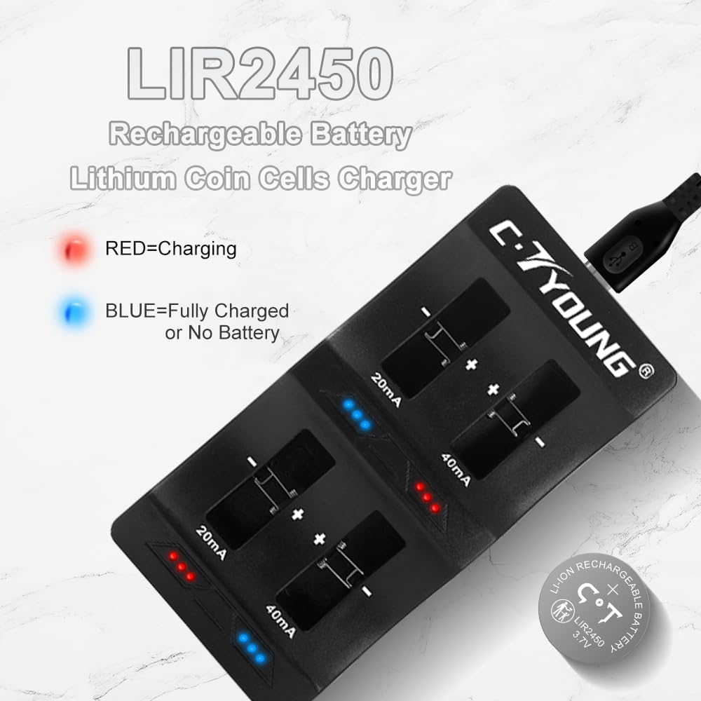 LIR2450 Lithium-Ionen-Batterien 4 Stück 3.7V wiederaufladbar mit Münzzelle-Ladegerät, das cr2450 3v ersetzt-mit Verschließbarem Aufbewahrungsbox für mehr Sicherheit