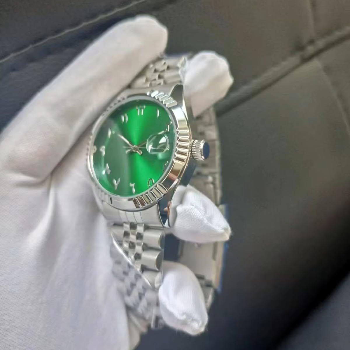 Boyarca Reloj mecánico de Lujo de Acero con números arábigos Movimiento automático números Urdu, Reloj mecánico de 38mm para Hombre con Fecha Luminosa Resistente al Agua