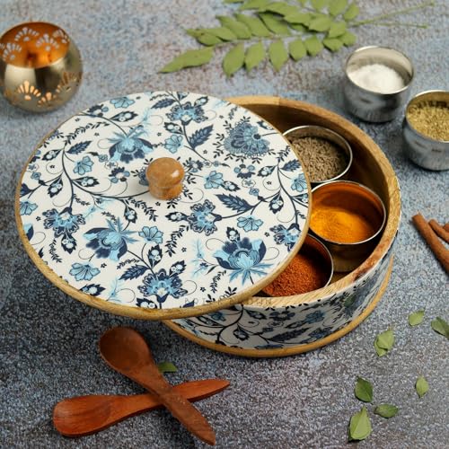 Image of Brick Brown Handcrafted Wooden Floral Masala Box for Kitchen | Masala Dabba | Spice Jars | Spice Rack Organizer Storage Box with 7 Containers & 1 wooden spoon(8.25x 3.75 Inch)