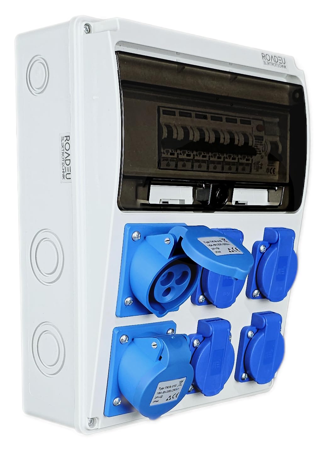 RoadEu - Distribuidor de corriente de 230V. Monofásico, 2 enchufes CEE 16A 3P y 4 enchufes Schuko con fusibles automáticos. Distribuidor de enchufes con interruptor diferencial y disyuntor.