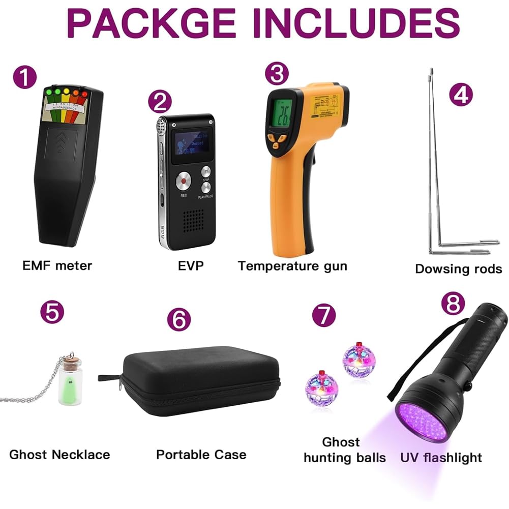 El Kit de 9 Piezas Incluye un Medidor de Campo Electromagnético (EMF), un Detector Sin Contacto (EVP) y una Varilla de Radiestesia.
