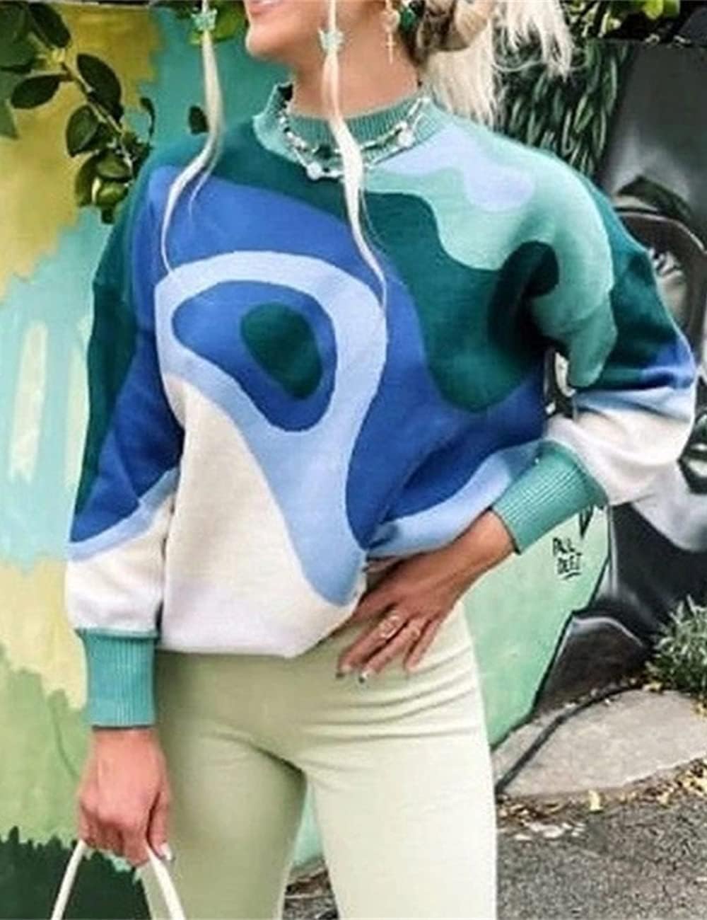 MISSACTIVER Women Casual Knitted Mock Neck Sweater Print Colorblock Long Sleeve Loose Fit Pullover Knitwear