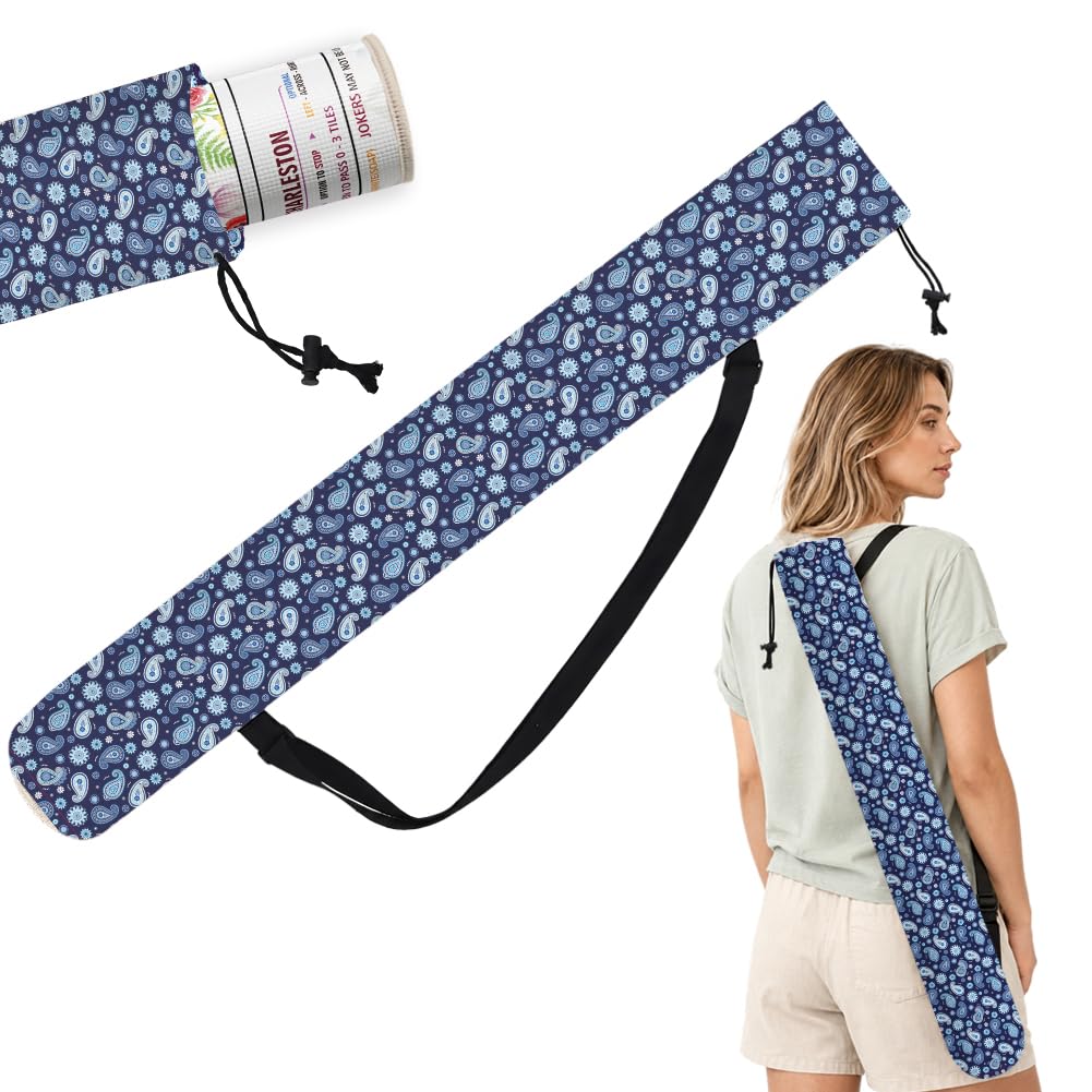 FINGERINSPIRE Blue Paisley Mahjong Mat Carrying Bag 91cm Long with Adjustable Strap Portable Printed Drawstring Mahjong Pad Bag Canvas Yoga Mat Holder for Board Games Outdoor Travel Storage