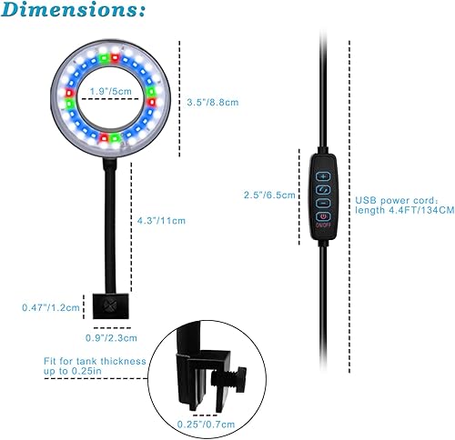 Miniatura 6 de DOMICA Luz de acuario con clip para tanque de peces de 1 a 3 galones (LED regulable blanco+azul+rojo) lámpara móvil USB para terrario abierto