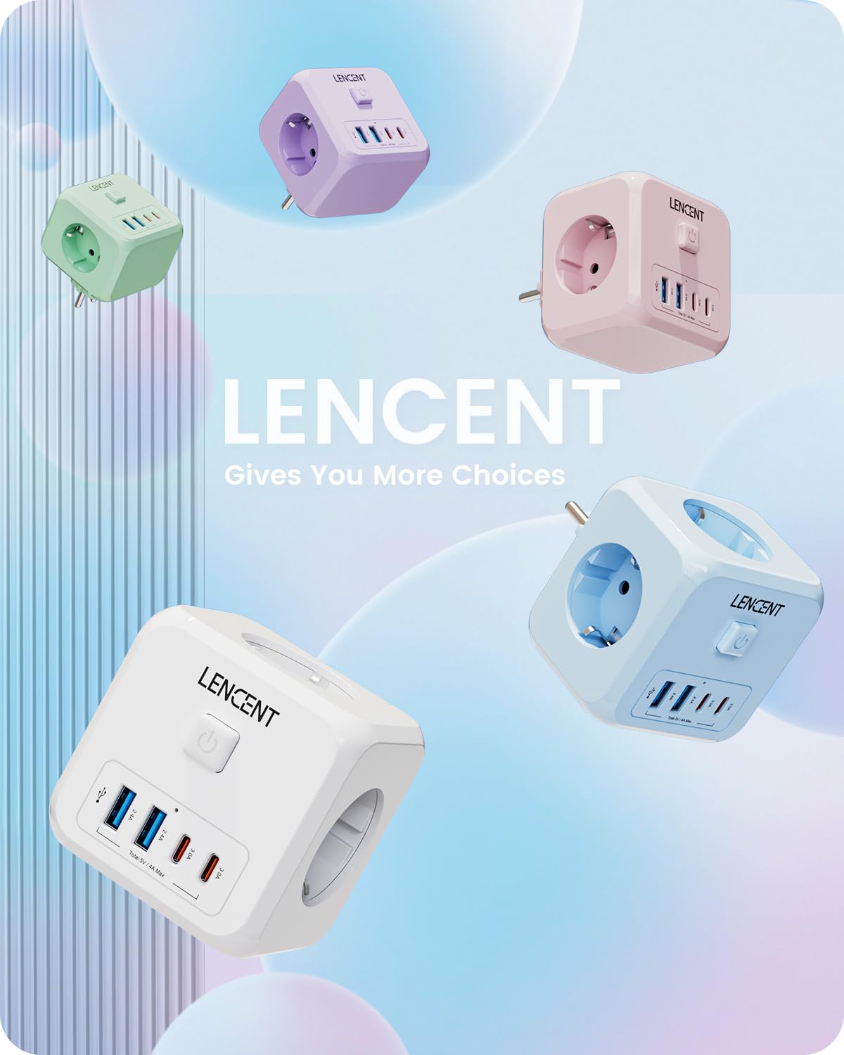LENCENT Cubo Enchufe USB 7 en 1, Ladron Enchufes 4000W, Cubo Enchufes Múltiples Pared con 3 Tomas de CA, 2 USB-A, 2 Tipo-C y Interruptor, Cargador para Oficina, Cocina y Habitación, Blanco