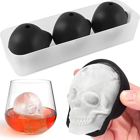 HAVOER Extra Large 3D Skull Ice Cube Mold - Flexible Silicone Skull Ice Molds for Whiskey - Skull Ice Cube Tray with Funnel - Skull Silicone Mold for Baking, Chocolate, Candy and Resin (3 Pack + Tray)
