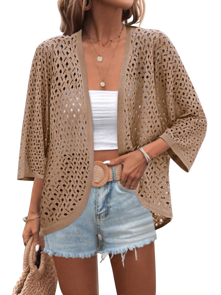 Image of Zeagoo Womens Summer Crochet Cardigan Sweaters Lightweight Open Front 3 /4 Sleeve Batwing Kimono Boho Knit Cover Ups 2026