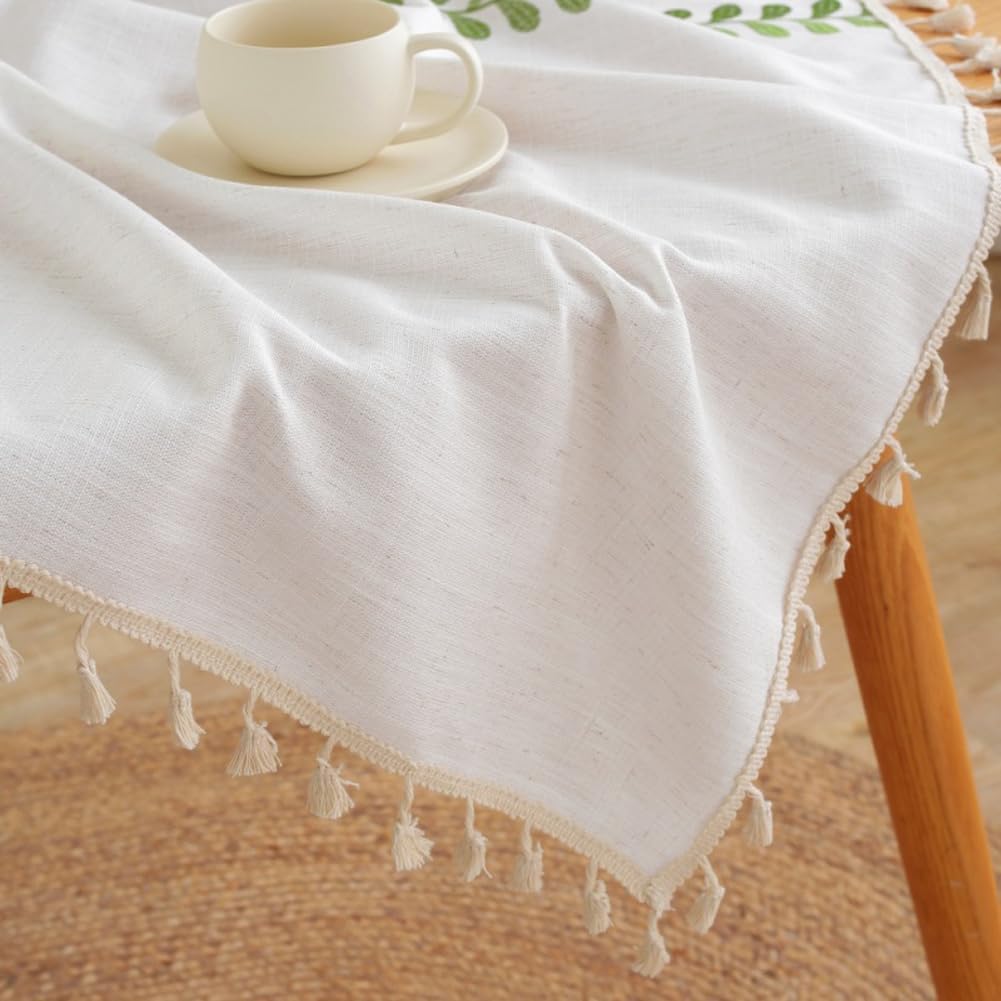 AMZALI Cotton Linen Square Tablecloth Embroidery Leaf Pattern Weight Farmhouse Table Cloth Tabletop Decoration Tassel Wrinkle Free Table Cover for Dining Outdoor and Indoor