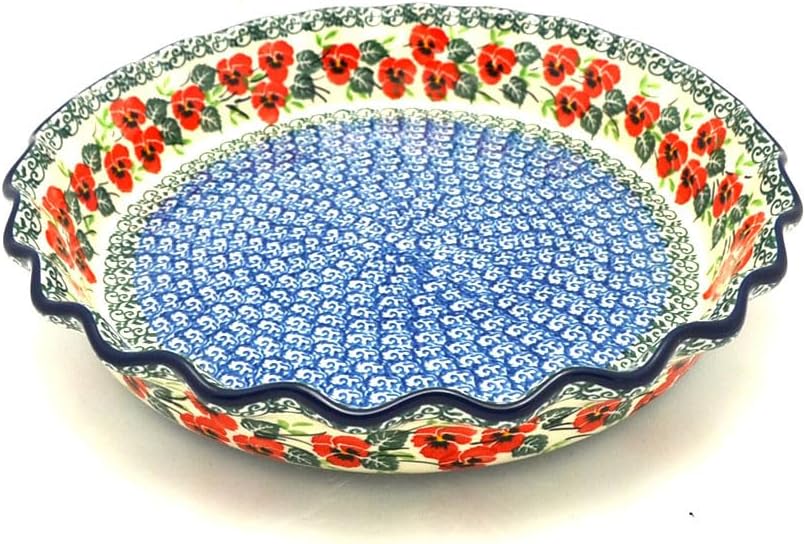Polish Pottery Baker - Pie Dish - Fluted - Red Pansy