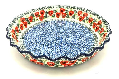 Polish Pottery Baker - Pie Dish - Fluted - Red Pansy