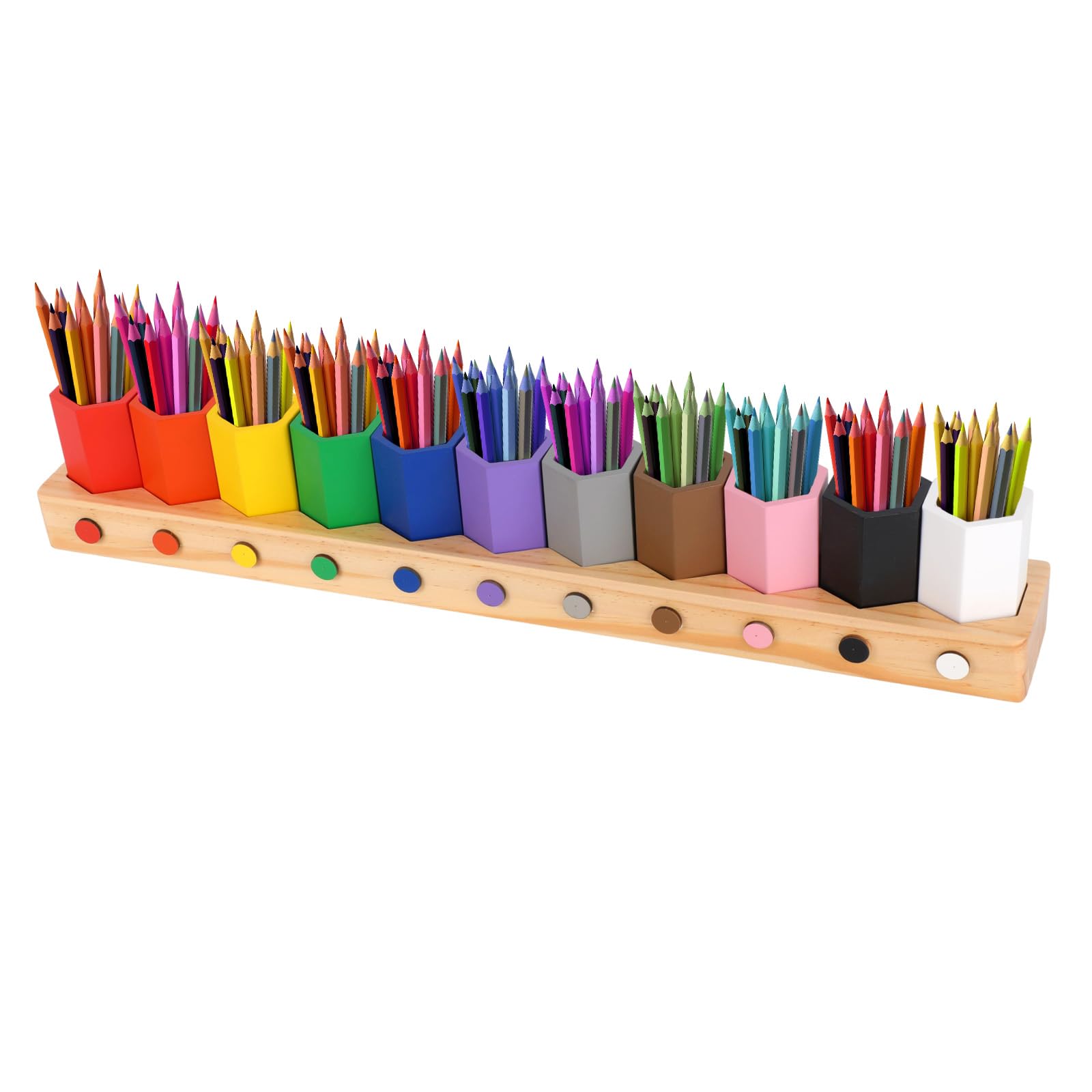 Diegimr Wooden Colored Pencil Holder, 11 Colors Montessori Crayon Organizer Movable Pen Holder Pencil Cups Desk Storage Organizer for Kids Office Home Desk School Supply