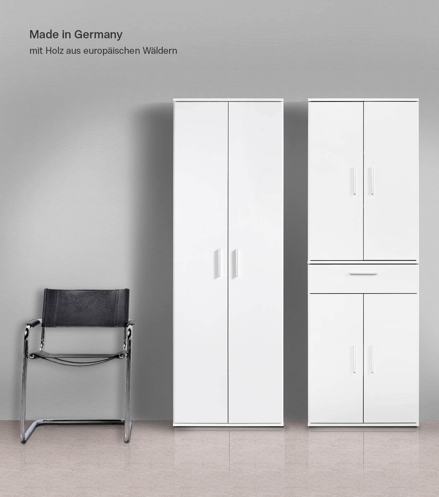 mokebo Mehrzweckschrank Set 2-teilig 'Die Allzweckwaffe', Schrank-Set mit Mehrzweckschrank & Aktenschrank in Weiß, nutzbar als Büroschrank, Allzweckschrank, Aufbewahrungsschrank, Haushaltsschrank