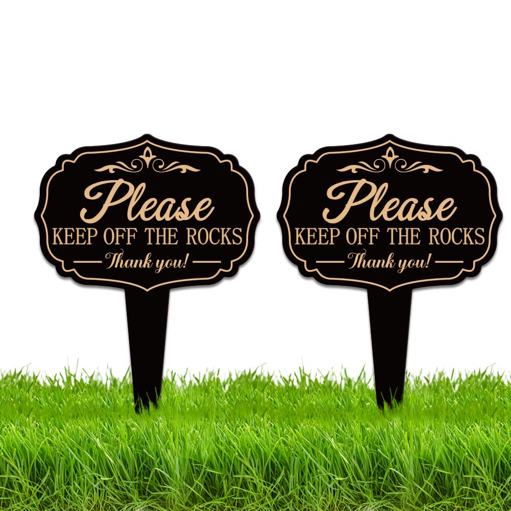 WEBEEDY 2 Pcs Please Keep Off The Rocks Yard Signs with Stakes, Double Sided Please Stay Off Aluminum Signs Weatherproof Lawn Sign for Yard Grass Garden Decor Outdoor Use, 25x35cm