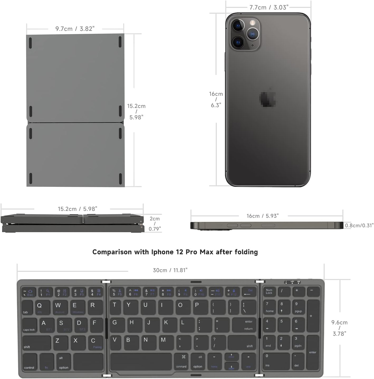 Diagram showing the dimensions of the SIKAI CASE keyboard when folded and unfolded, and a comparison with an iPhone 12 Pro Max.