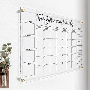 Personalized Acrylic Calendar For Wall Sign, Acrylic Dry Erase Board, Monthly Weekly Planner, Family Calendar