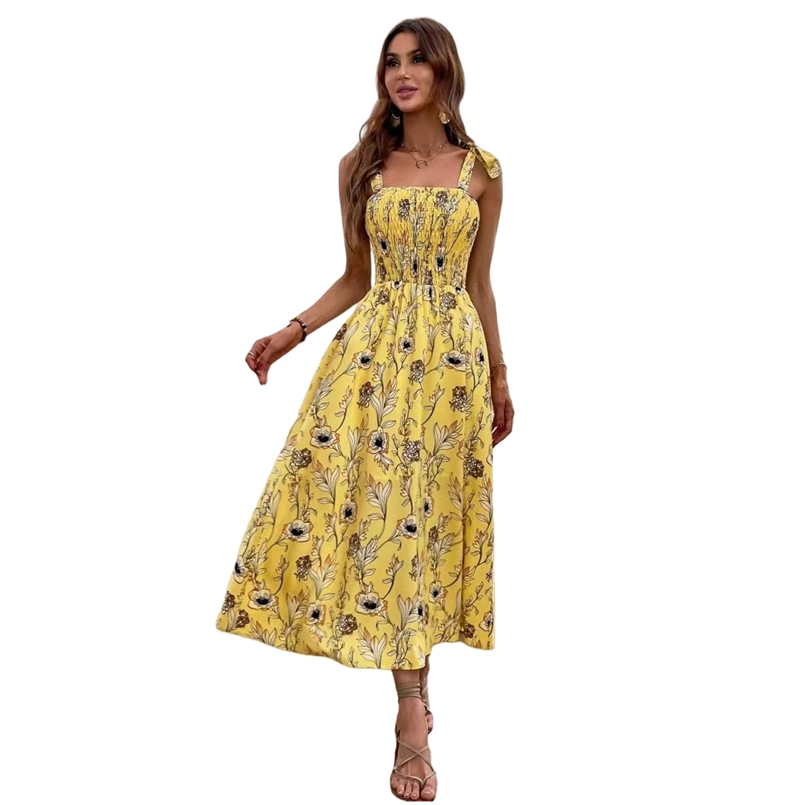 Vestido de Verano Vestido de Tirantes de Verano Femenino Vestido de Playa de Flores sin Mangas con Volantes, HUTALIM, Amarillo, XXL