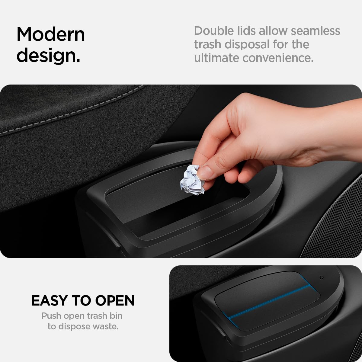 Spigen Tesla Model Y (~2025) Pattumiera per Auto【Inclusi 50 sacchetti】 Mini Pattumiera da Portiera Anteriore Lato Guida con Portaoggetti, Design Salvaspazio, Accessorio Tesla Model Y