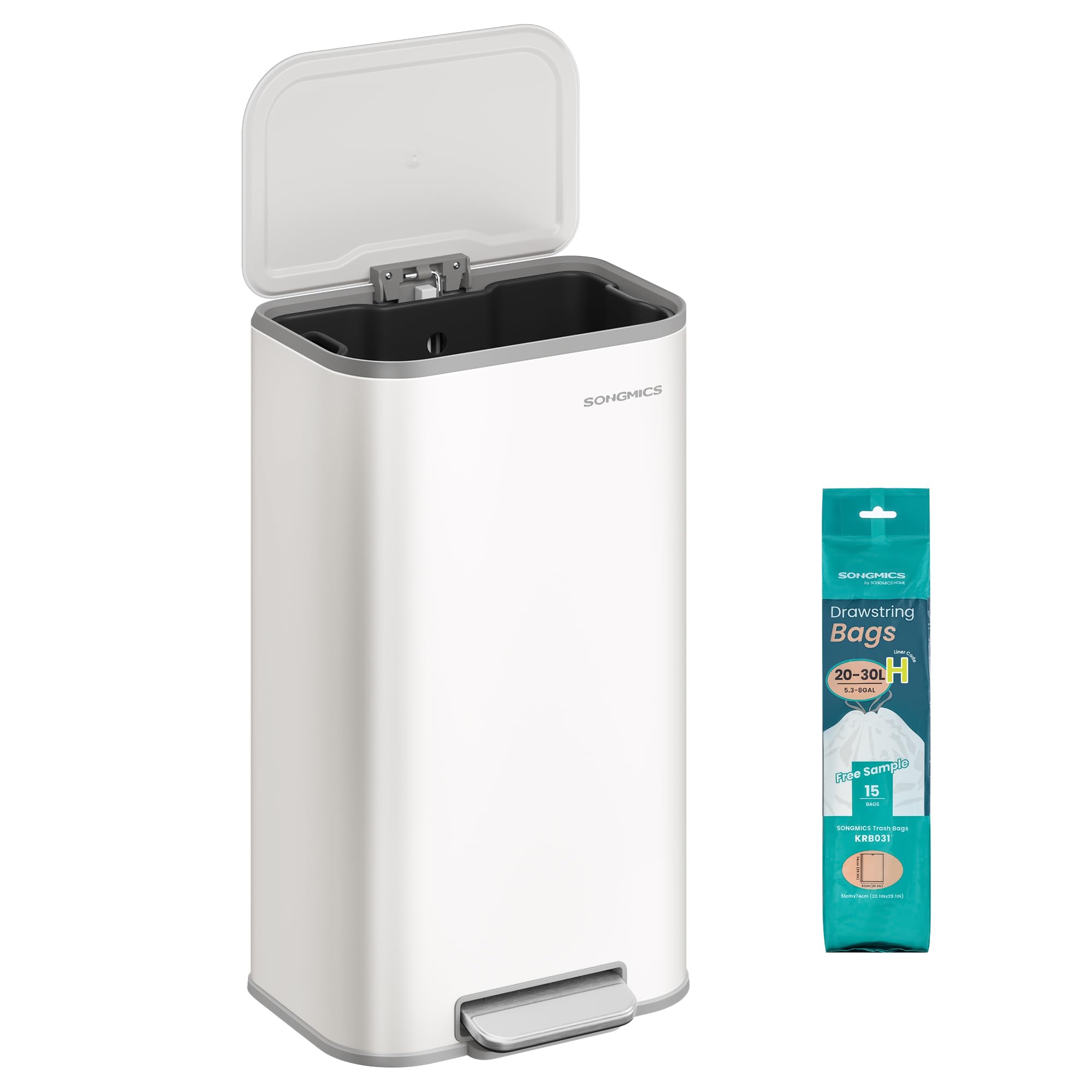 SONGMICS Cubo de basura de cocina, cubo de basura de 8 galones con tapa, acero inoxidable, cierre suave y se mantiene abierto, cubo interior, pedal ancho antideslizante, blanco nube ULTB546W01