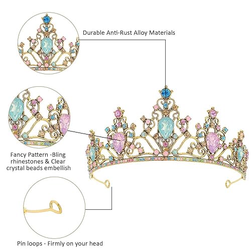 Miniatura 9 de AHONEY Tiara dorada y corona para mujer, corona de reina real de cristal, diadema de novia con diamantes de imitación, tiaras de princesa para