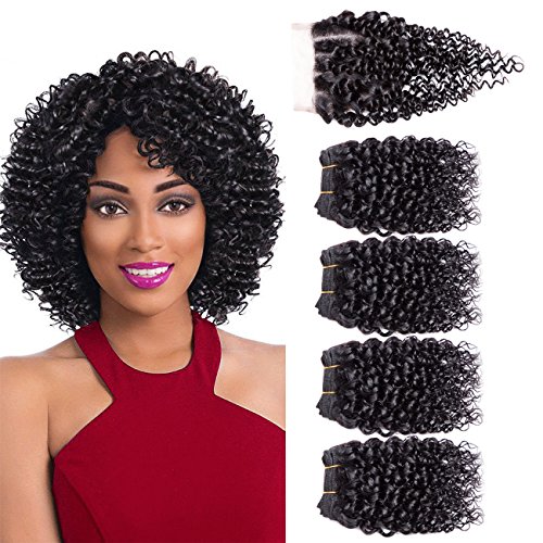 Brazilian Hair 4 Bundles With Closure Short Human Hair Weave Bundles With Free Part Lace Closure 8A Brazilian Kinky Curly Hair 8 inch Natural Color (8 8 8 8+8 closure)