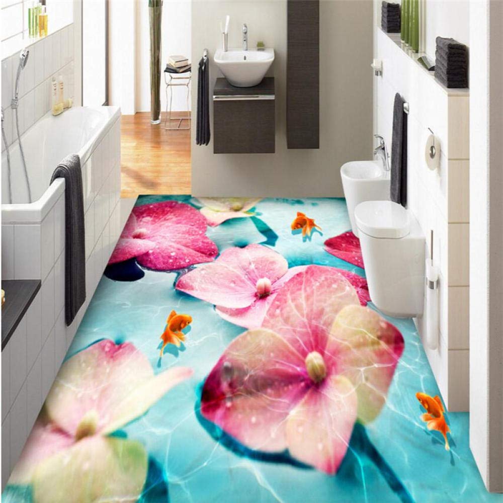 Papel pintado de encargo de la foto de la flor rosada Goldfish cuarto de baño papel pintado del PVC auto-adhesivo del suelo wallpaper-200cmX140cm