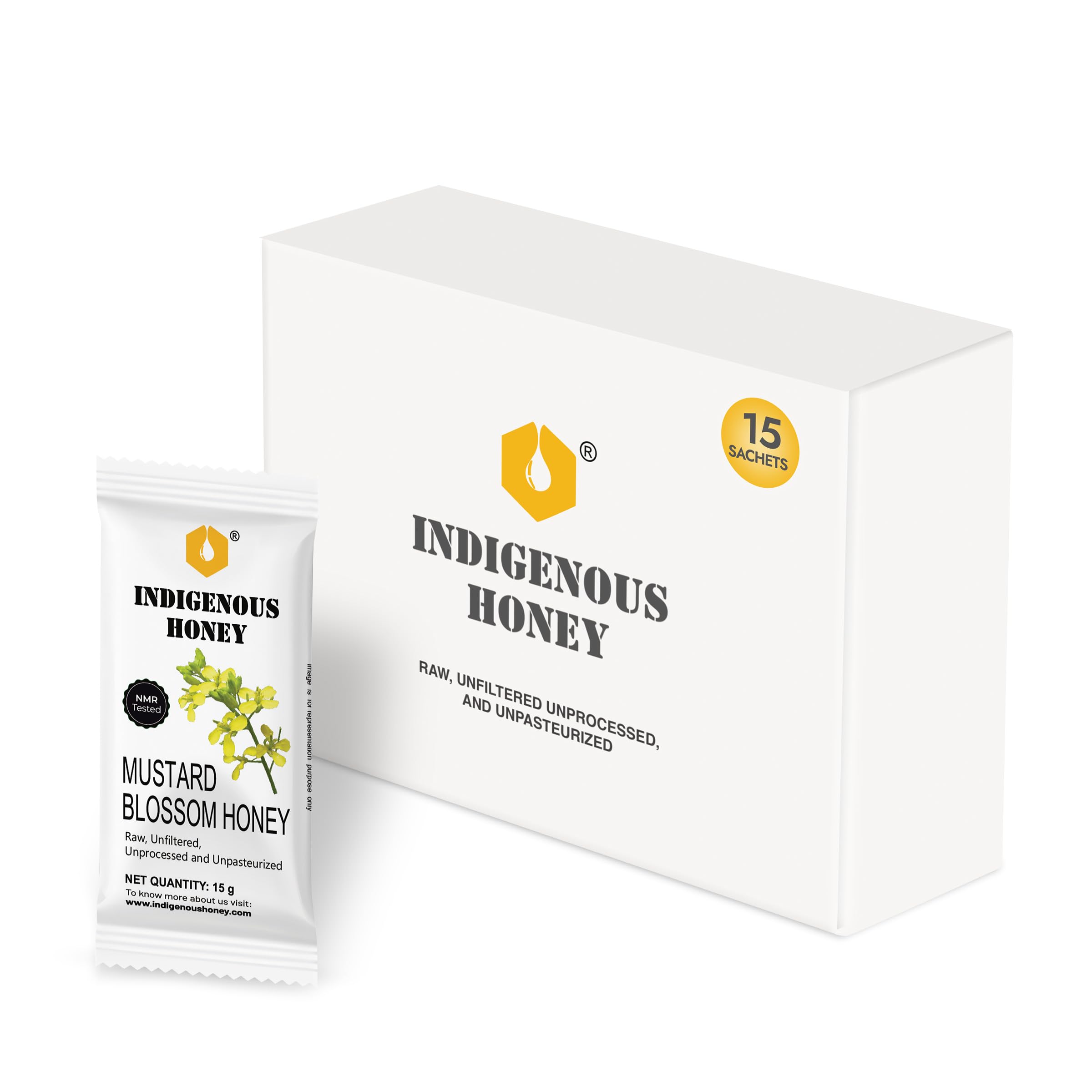 INDIGENOUS HONEY Natural Mustard Honey Organic Raw Pure Unprocessed Sugar Free NMR Tested Unpasteurized Unheated 15 Hygienic Bags 15g Total 225g