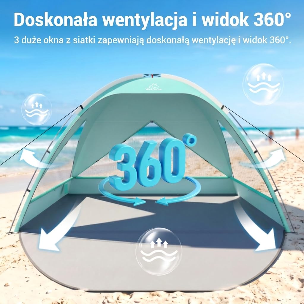 Wolfwise Namiot Plażowy UPF 50+ dla Rodziny, Osłona Przeciwsłoneczna z Filtrem UV, 3 Wentylowane Okna, Rozkładana Podłoga i Torba Transportowa, Pojemność 8 Osoby, Miętowy