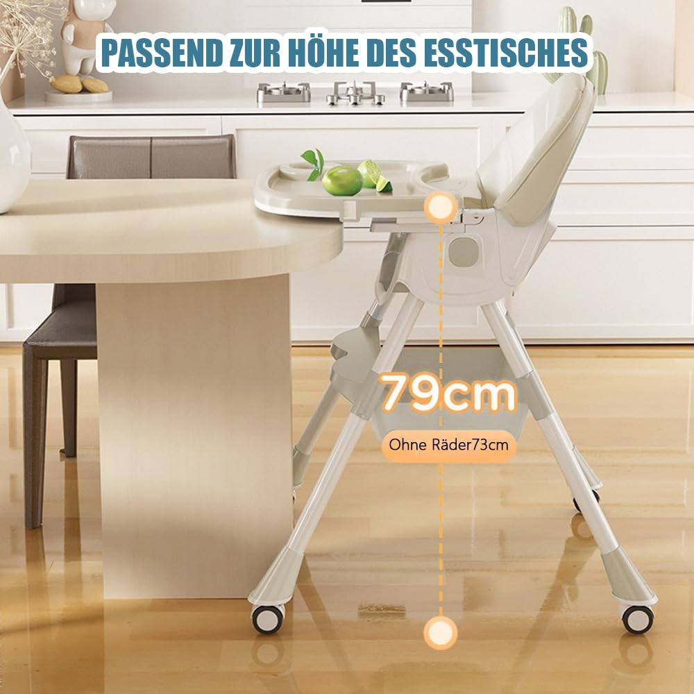 Supfine Seggiolone 3 in 1, regolabile con cintura di sicurezza a 5 punti, tavola da pranzo rimovibile, altezza regolabile 87 cm, pieghevole, per neonati e bambini (beige, 5 in 1)